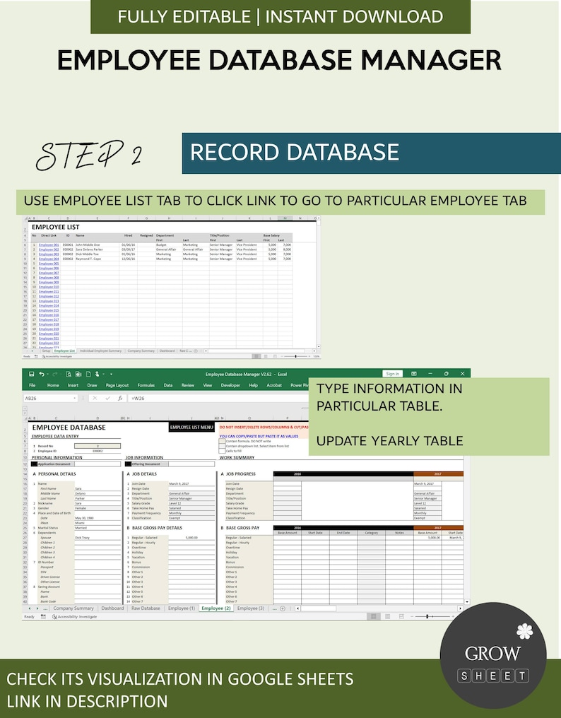 Employee Database Management System for Excel and Google Sheets | Human ...