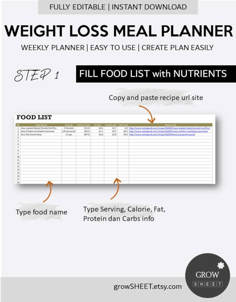 Weight Loss Meal Planner - Excel Template | Fully Editable Weekly Diet ...