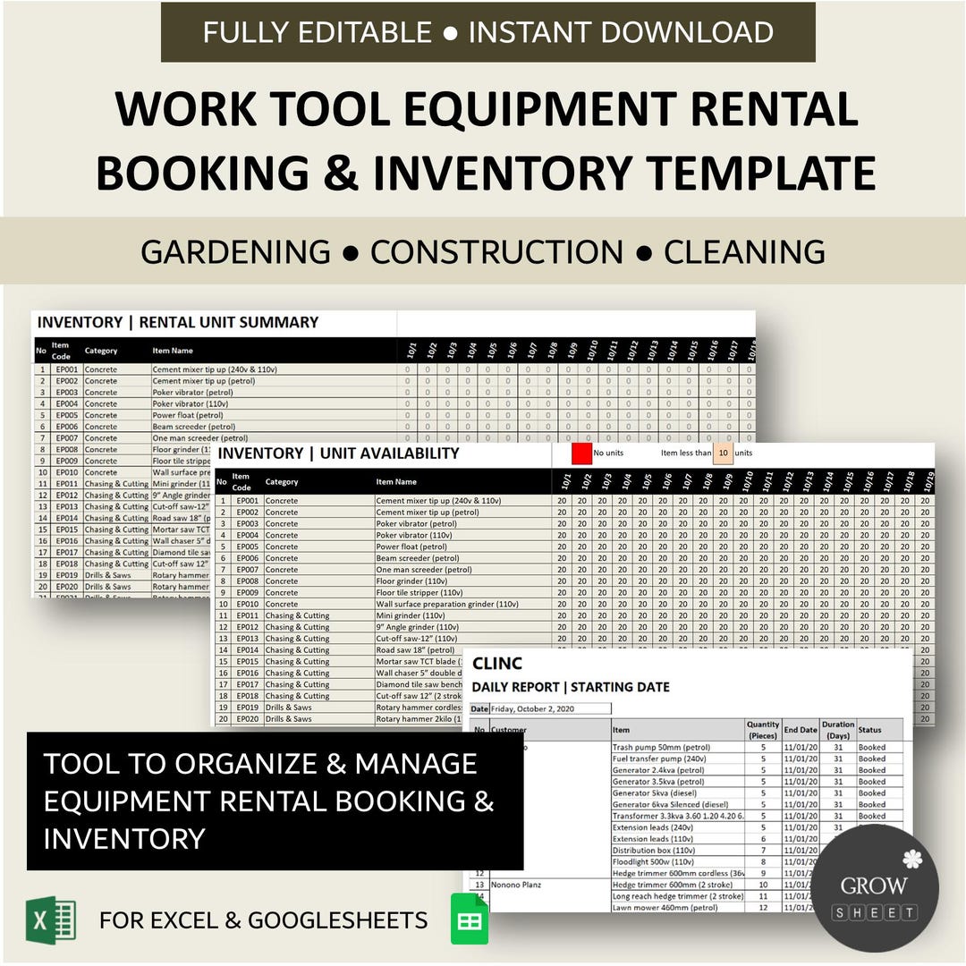 Tool Rental Log Construction Tool Rental Booking and Inventory Management | Gardening ...
