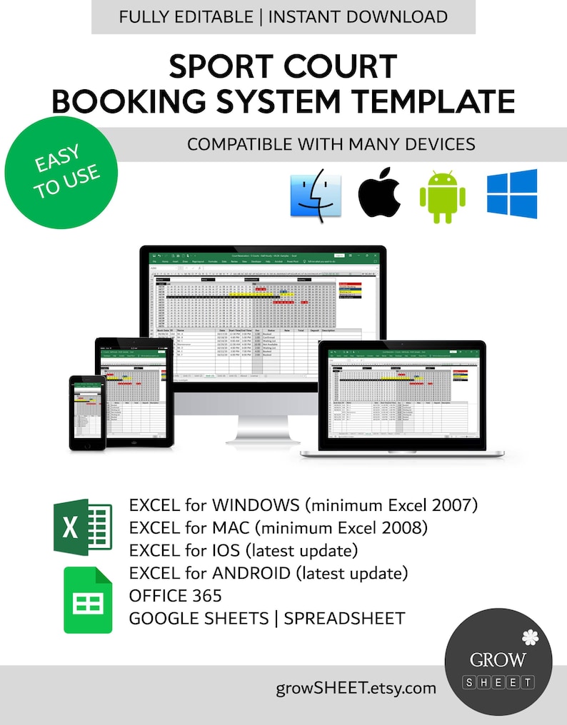 以下が含まれることがあります： スポーツコート予約システムのデジタルテンプレート。このテンプレートは、Windows、Mac、iOS、Androidなど、多くのデバイスと互換性があります。Excel、Office 365、Googleスプレッドシートで使用できます。このテンプレートは使いやすく、完全に編集可能です。画像の右下隅に「GROW SHEET」というテキストがあります。