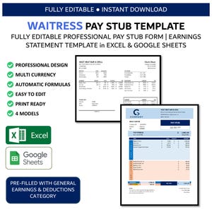 Plantilla de recibo de nómina/estado de ganancias para camareras profesionales totalmente editable para restaurantes (Excel y Google Sheets)