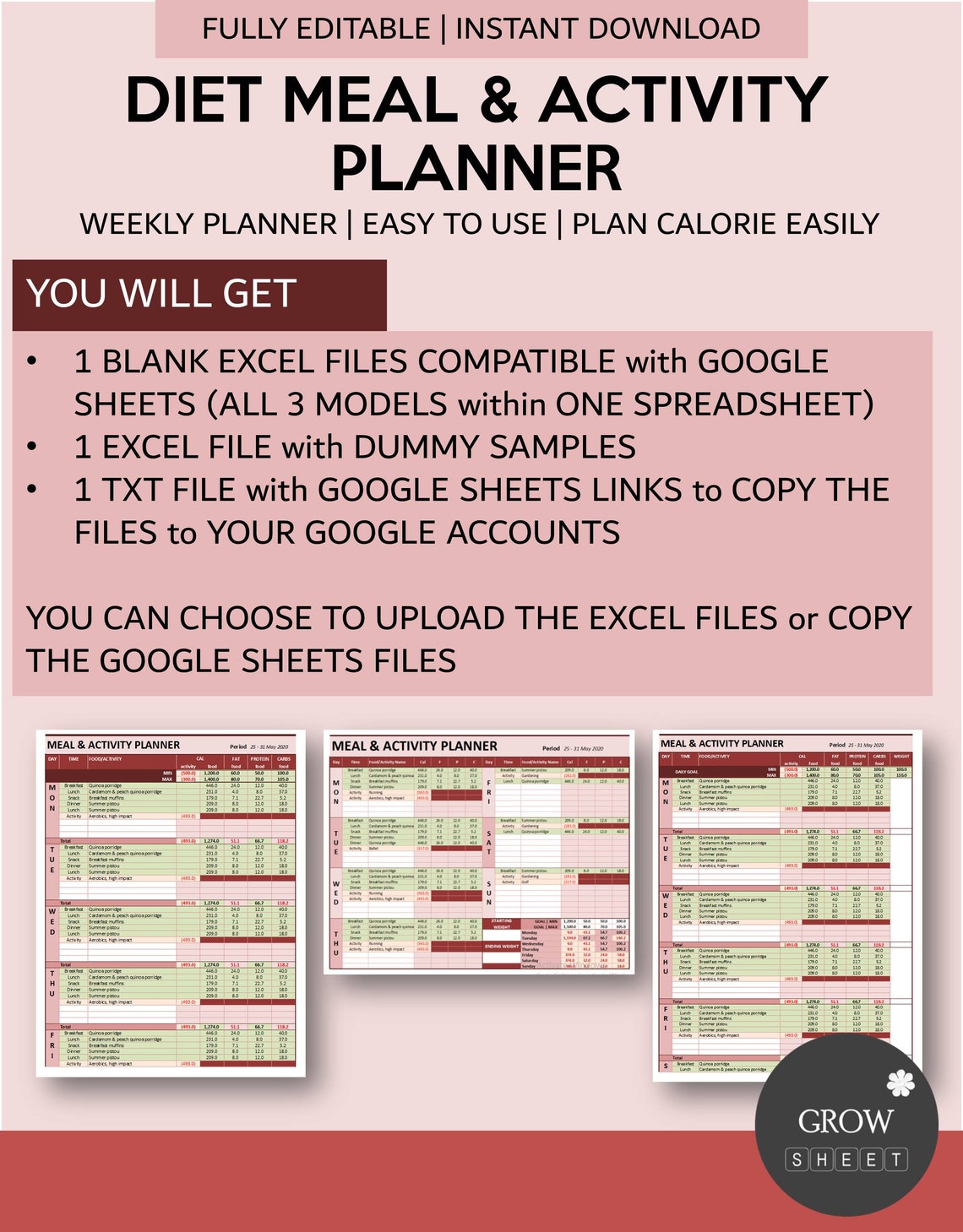 Diet Meal and Activity Planner for Excel and Google Sheets | Fully ...