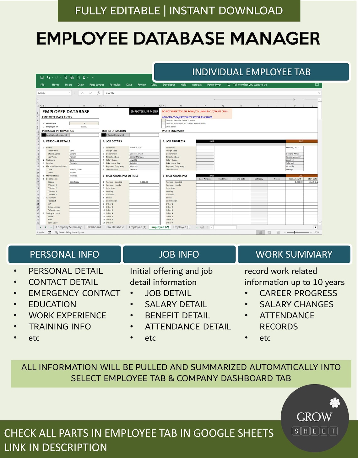 Employee Database Management System for Excel and Google Sheets | Human ...