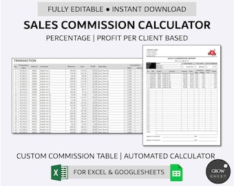 May include: A digital sales commission calculator template with the text "FULLY EDITABLE • INSTANT DOWNLOAD SALES COMMISSION CALCULATOR PERCENTAGE | PROFIT PER CLIENT BASED". Includes tables, charts, and Excel and Google Sheets icons.