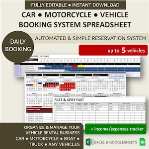 Modello di prenotazione giornaliera per il noleggio auto / Modello di prenotazione per il noleggio auto / Gestione delle prenotazioni per il noleggio veicoli / 5 veicoli / XL / GSheets