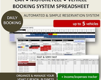Car Rental Daily Booking Template | Auto Rental Reservation Template | Vehicle Rental Booking Management | 5 Vehicles | XL | GSheets