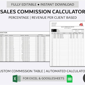 May include: A black and white spreadsheet template for calculating sales commissions based on revenue per client. The template includes a table with columns for date, order number, customer, revenue, sales representative, commission rate, commission amount, and deduction. The template is designed for use in Excel and Google Sheets. The text "SALES COMMISSION REPORT" is at the top of the spreadsheet. The text "CUSTOM COMMISSION TABLE | AUTOMATED CALCULATOR" is at the bottom of the spreadsheet. The text "FOR EXCEL & GOOGLESHEETS" is in the middle of the spreadsheet.