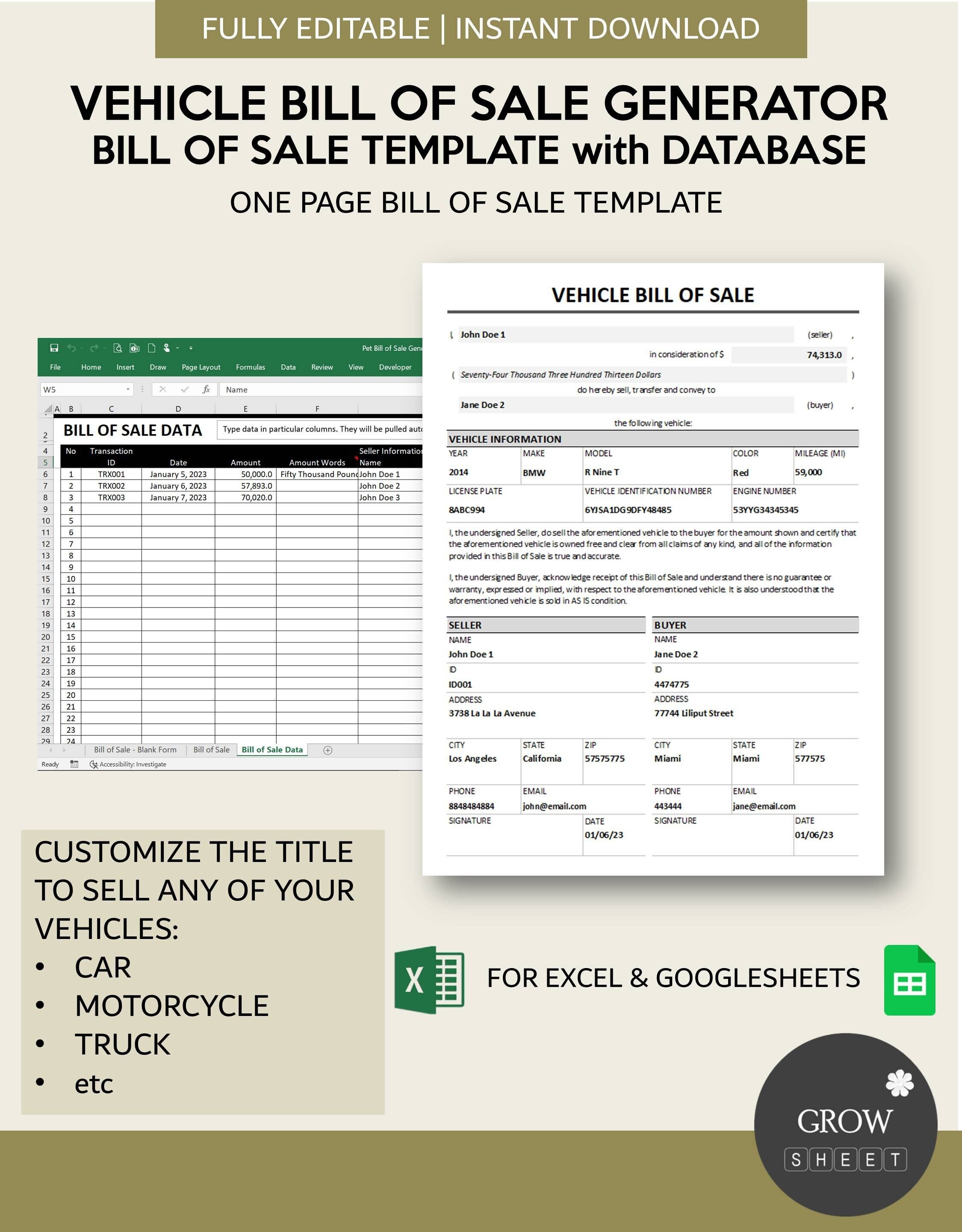 Vehicle Bill of Sale Generator One Page Bill of Sale Template With ...