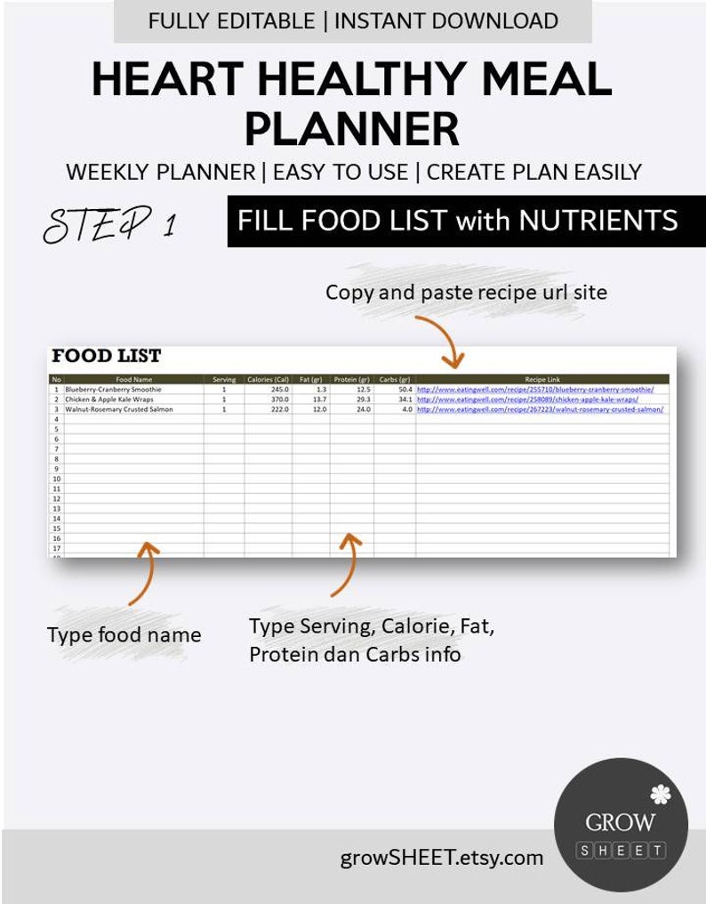 May include: A printable heart healthy meal planner with a food list, serving size, calories, fat, protein, carbs, and recipe URL. The planner is designed to help people create a healthy meal plan.