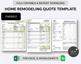 Printable Home Remodeling Quote Template | Construction Price Quotation Form for Excel and Google Sheets | Project Quotation Spreadsheet