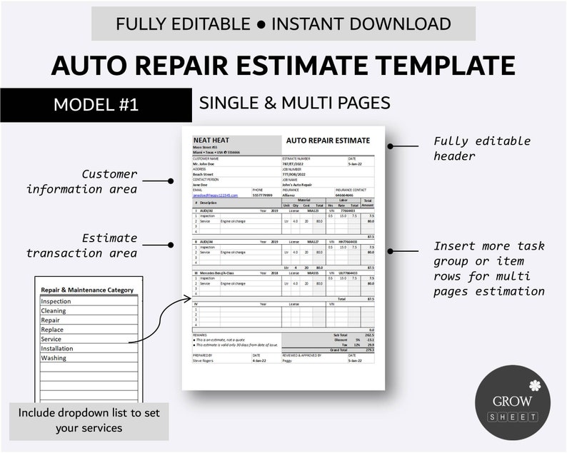 Printable Auto Repair Estimate Template for Excel and Google Sheets
