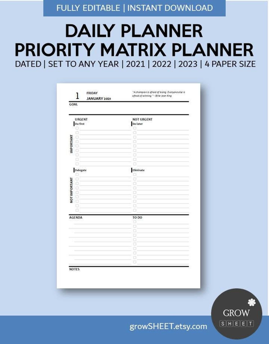 Daily Planner With Priority Matrix Priority Matrix Planner Template Fully Editable Planner for ...