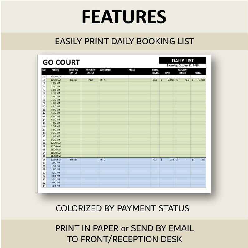 Sport Court Booking System Template | Half-Hourly Court Rental Reservation Manager | Excel | Googlesheet | 25 Courts image 5