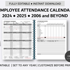 Afdrukbare aanwezigheidskalender voor werknemers | Aangepaste aanwezigheidskalender 2024 - 2025 - 2026 en daarna | Vakantieverlofplanner en trackerformulier