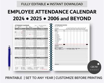 Printable Employee Attendance Calendar | Custom Attendance Calendar 2024 - 2025 - 2026 and beyond | Vacation Leave Planner and Tracker Form