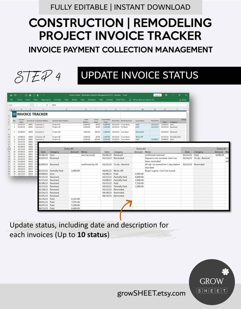 Construction Project Invoice Payment Tracker and Collection Management | Remodeling & Renovation Receivable Manager | Excel and Googlesheets image 6
