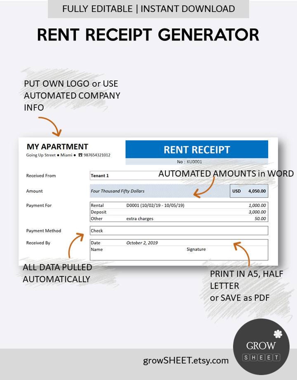 Rent Receipt Generator | Apartment Room Rental Receipt Template Excel ...