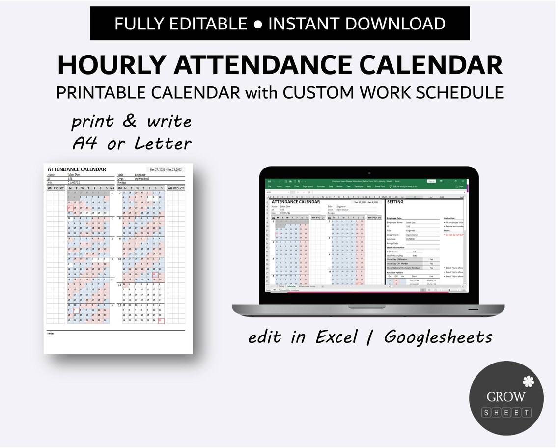 Printable Hourly Employee Attendance Calendar Custom Attendance
