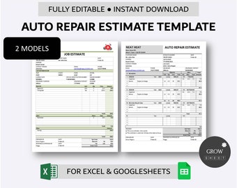 Printable Auto Repair Estimate Template for Excel and Google Sheets | Vehicle Repair Estimate Form | Job Estimate Spreadsheet