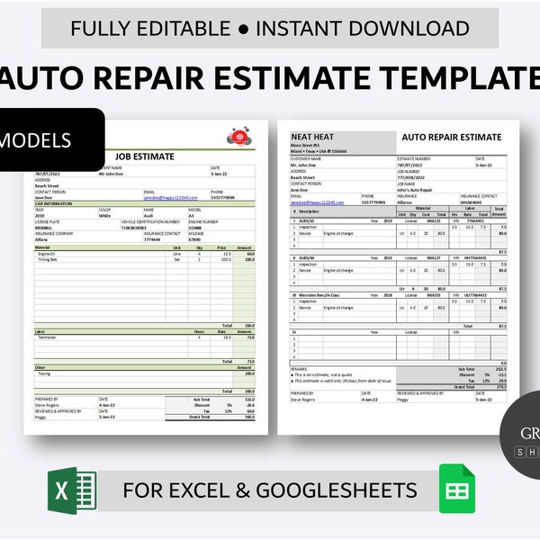 Printable Auto Repair Estimate Template for Excel and Google Sheets | Vehicle Repair Estimate Form | Job Estimate Spreadsheet