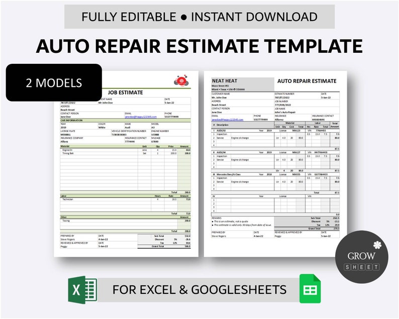 Printable Auto Repair Estimate Template for Excel and Google Sheets