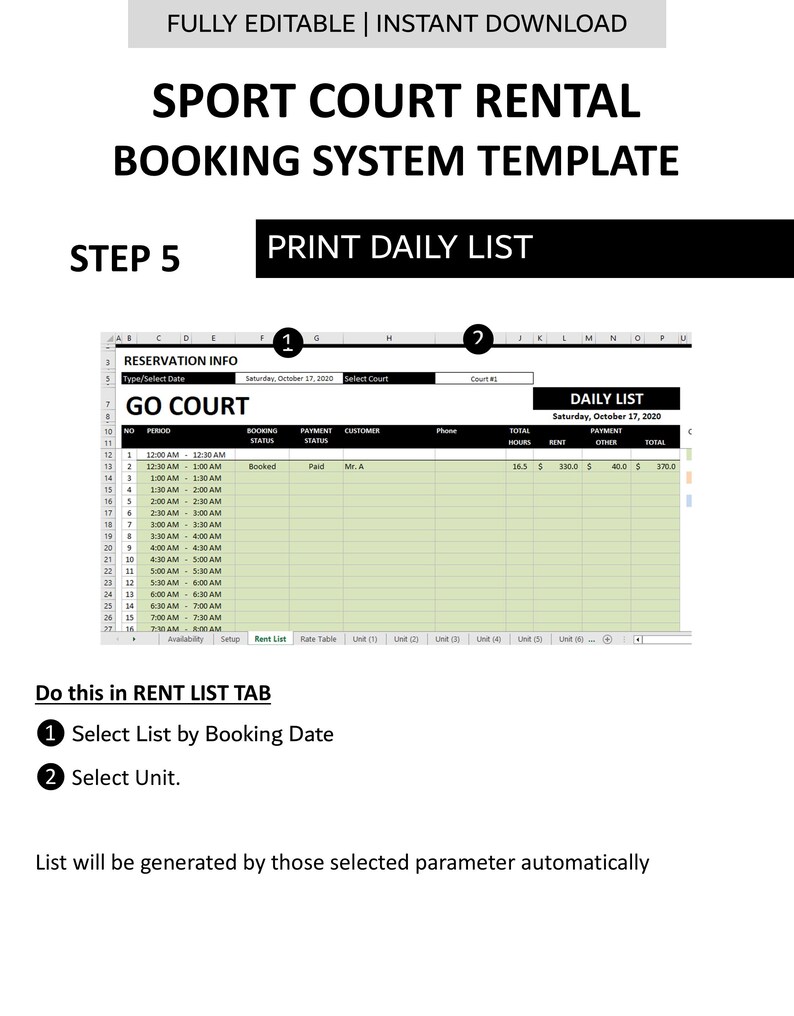 Sport Court Booking System Template | Half-Hourly Court Rental Reservation Manager | Excel | Googlesheet | 25 Courts image 10