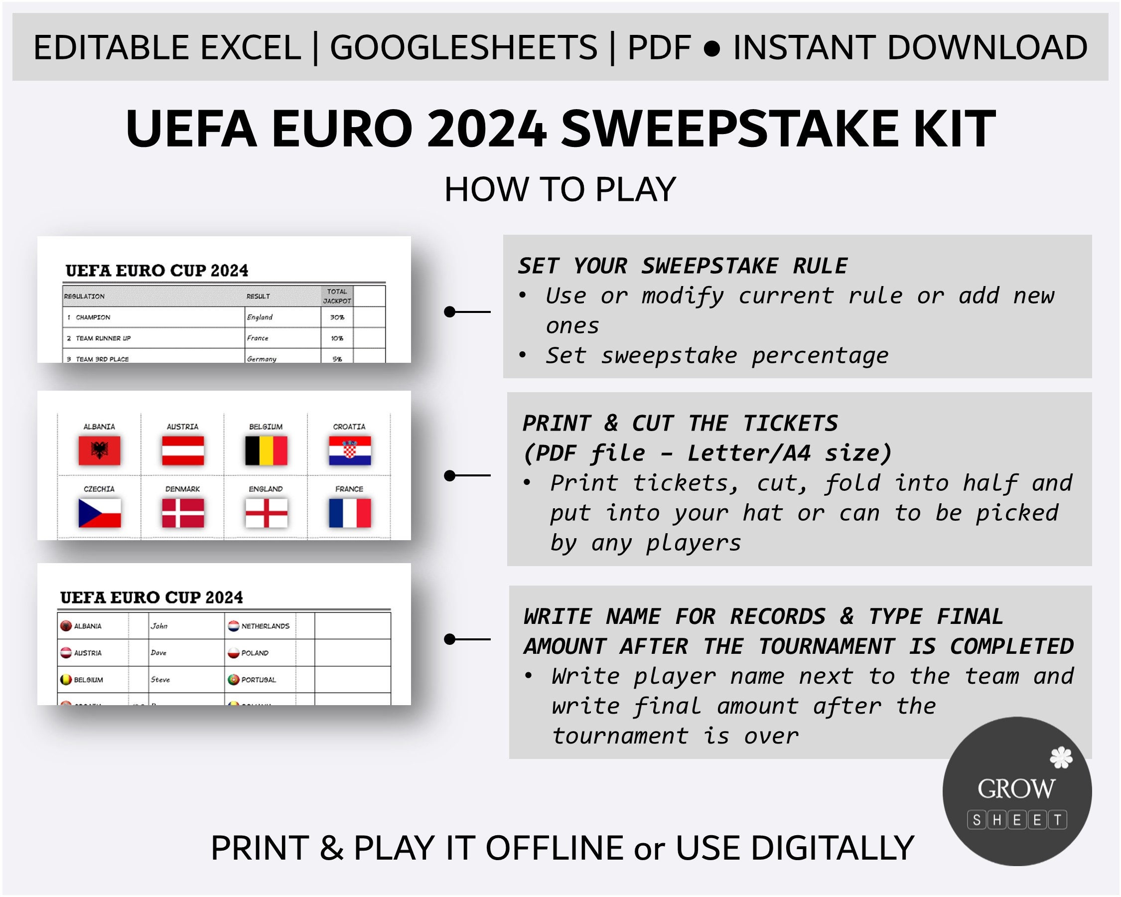 Euro 2024 Sweepstake Kit Football Tournament Fun Game Printable UEFA