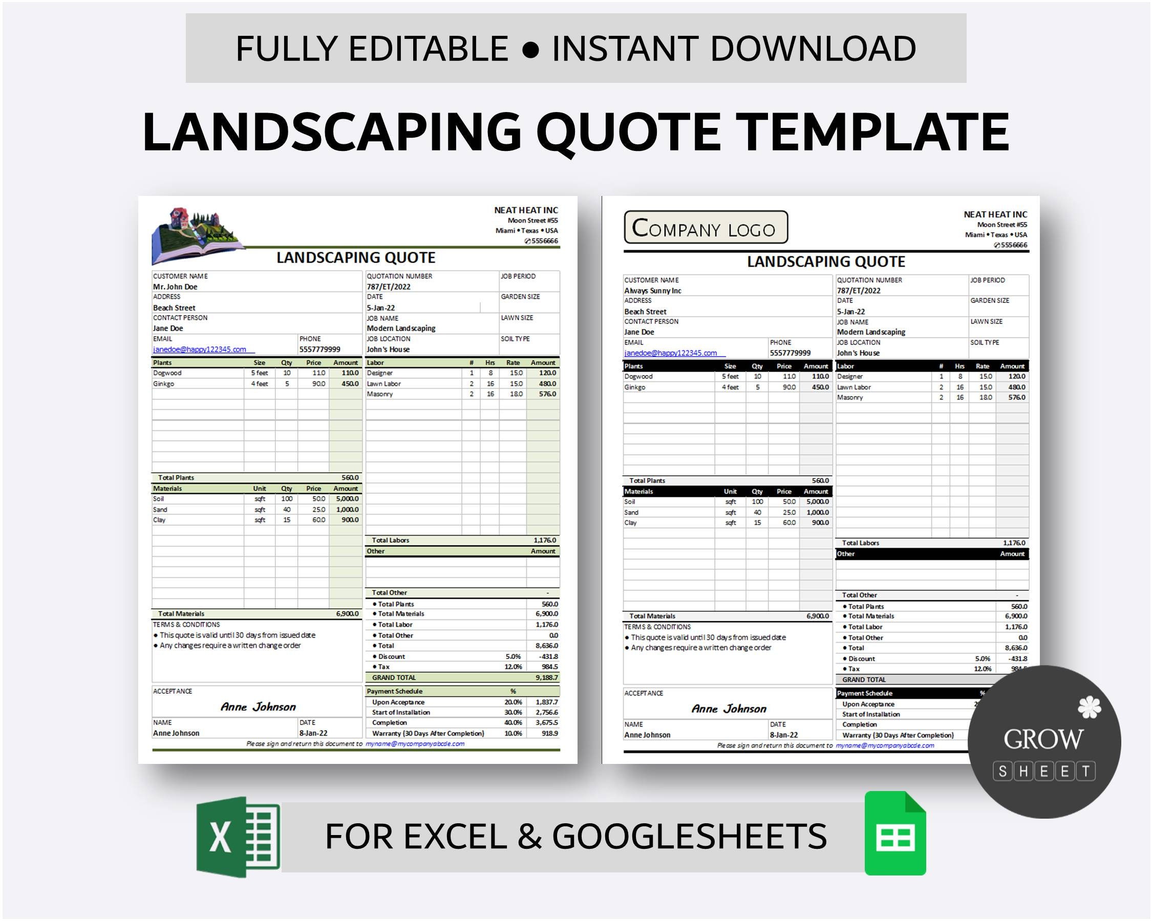 Printable Landscaping Quote Template For Excel And Google Etsy Hong Kong
