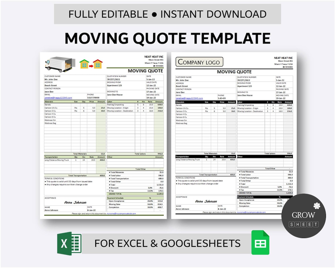 Printable Moving Quote Template for Excel and Google Sheets Home Mover Printable Moving Quote Template for Excel and Google Sheets Home Mover