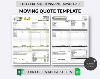 Plantilla de cotización de mudanza imprimible para Hojas de cálculo de Excel y Google / Formulario de cotización de Mudanzas de Hogar / Hoja de cálculo de cotización de precios de mudanzas de oficina y hogar