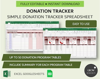 Könnte beinhalten: Ein Screenshot eines Tabellenkalkulationsprogramms, das eine Spenden-Tracker-Vorlage zeigt. Die Tabelle ist in Abschnitte für die Programmeinrichtung, die Spendenübersicht und einzelne Spendenprogramme unterteilt. Die Vorlage ist so konzipiert, dass bis zu 50 Spendenprogramme verfolgt werden können und eine Zusammenfassung für jedes Programm enthalten ist. Die Vorlage ist mit Excel und Google Sheets kompatibel.