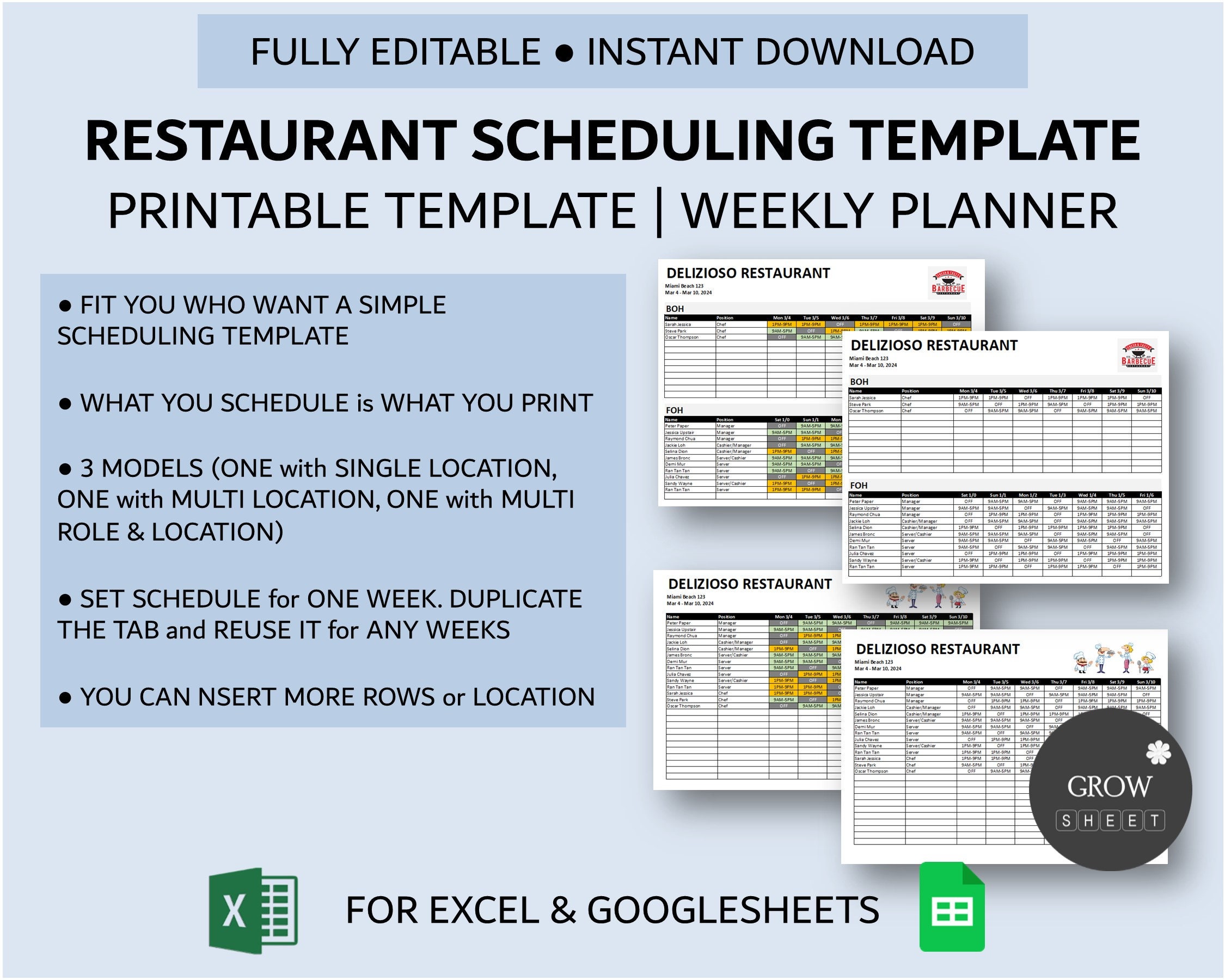 Restaurant Scheduling Template for Excel and Google Sheets Multi Roles Restaurant Scheduling Template for Excel and Google Sheets Multi Roles