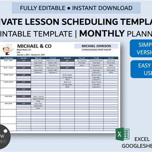 May include: A printable monthly planner template for scheduling private lessons. The template is designed for a business called "Michael & Co" and features a simple, easy-to-use layout with columns for time periods, days of the week, and lesson details. The template is compatible with Excel and Google Sheets.