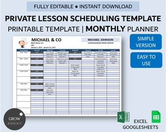 May include: A printable monthly planner template for scheduling private lessons. The template is designed for a business called "Michael & Co" and features a simple, easy-to-use layout with columns for time periods, days of the week, and lesson details. The template is compatible with Excel and Google Sheets.