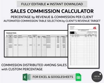 May include: A black and white spreadsheet template for calculating sales commissions. The template includes sections for transaction details, revenue, commission table, sales representative, and commission amount. The text "SALES COMMISSION CALCULATOR" is at the top of the spreadsheet. The text "FOR EXCEL & GOOGLESHEETS" is at the bottom of the spreadsheet.