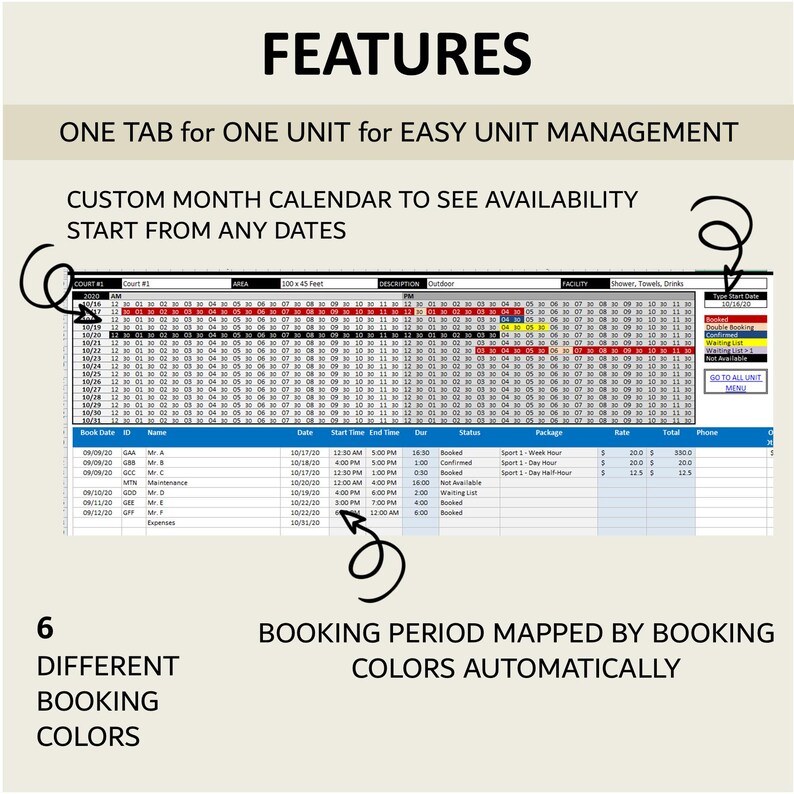 Sport Court Booking System Template | Half-Hourly Court Rental Reservation Manager | Excel | Googlesheet | 25 Courts image 3