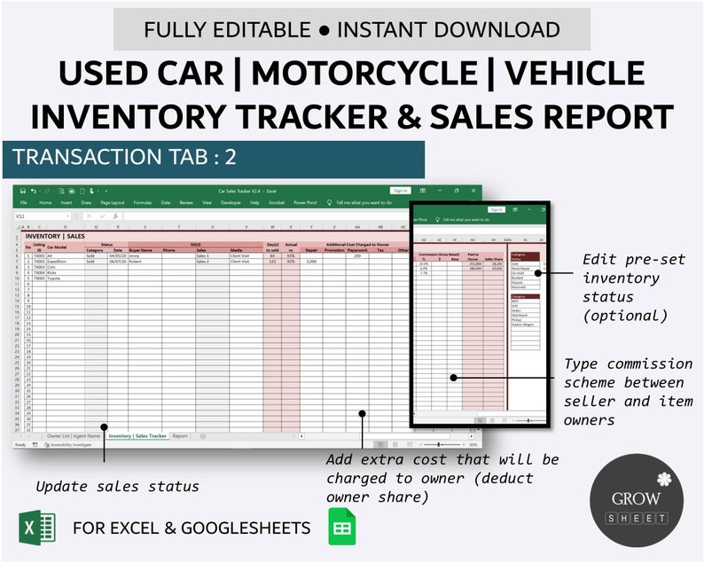 Used Car Inventory and Sales Tracker Vehicle Listing Management Simple Inventory Database Excel Google Sheets image 3