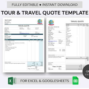 Modelo de cotação de pacote turístico e de viagem para impressão para Excel e Planilhas Google | Formulário de cotação de tour | Planilha de cotação de viagens