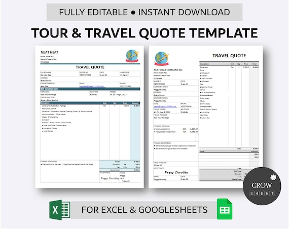 Printable Tour & Travel Package Quote Template for Excel and - Etsy