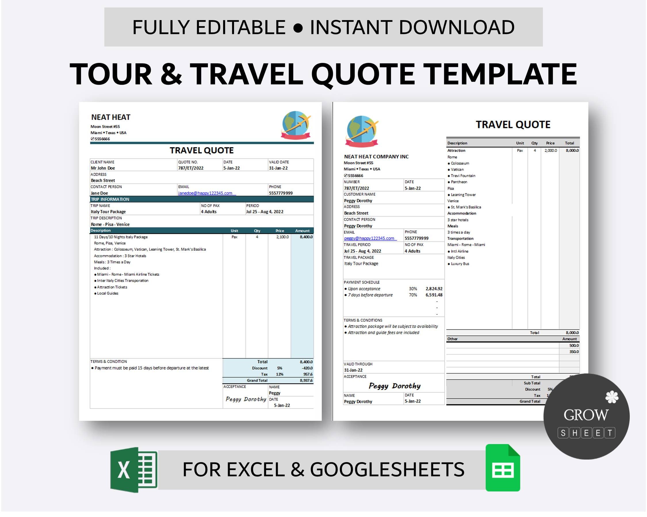 sample tour package quotation