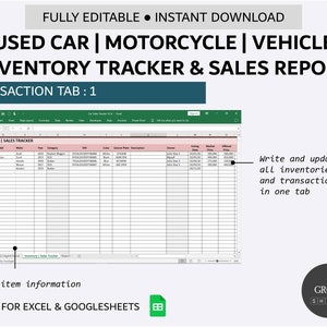 Used Car Inventory and Sales Tracker Vehicle Listing Management Simple Inventory Database Excel Google Sheets image 2