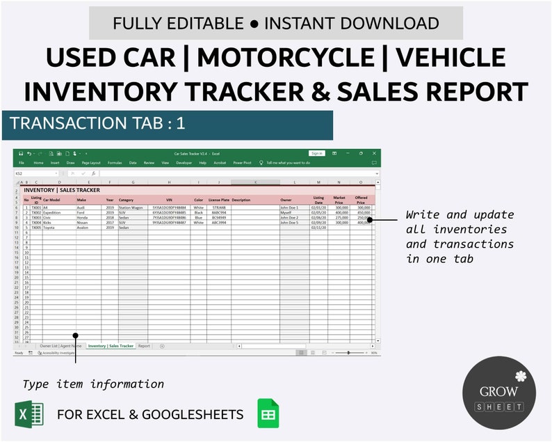 Used Car Inventory and Sales Tracker Vehicle Listing Management Simple Inventory Database Excel Google Sheets image 2