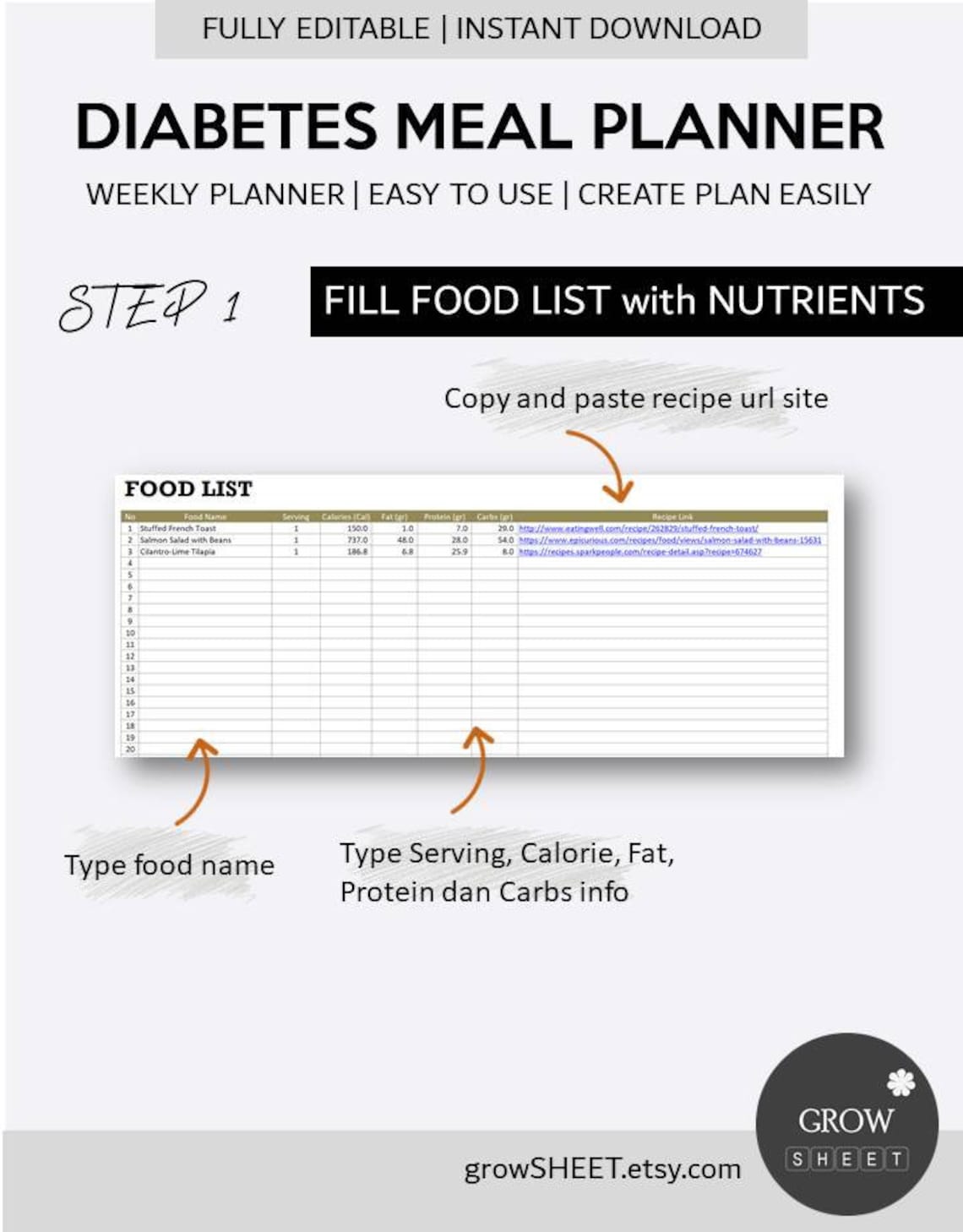 Diabetes Meal Planner Excel Template Fully Editable Weekly | Etsy