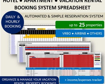 Vacation Rental Property Daily Hourly Booking System Template | Hotel - VRBO - airbnb Reservation Management | XL | GSheets | 25 Rooms