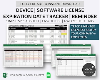 Op de afbeelding: Een groene en witte spreadsheet-sjabloon voor het bijhouden van software- en apparaatlicentie-vervaldata. De sjabloon bevat vier werkbladen: Vervaldatumherinnering, Vervaldatumslijst, Werknemerslijst en Apparaatlijst. De sjabloon is ontworpen voor gebruik met Microsoft Excel en Google Sheets. De tekst "TRACK & MANAGE LICENSES HOLD BY YOUR COMPANY or EMPLOYEES" wordt weergegeven in de rechterbovenhoek van de afbeelding.