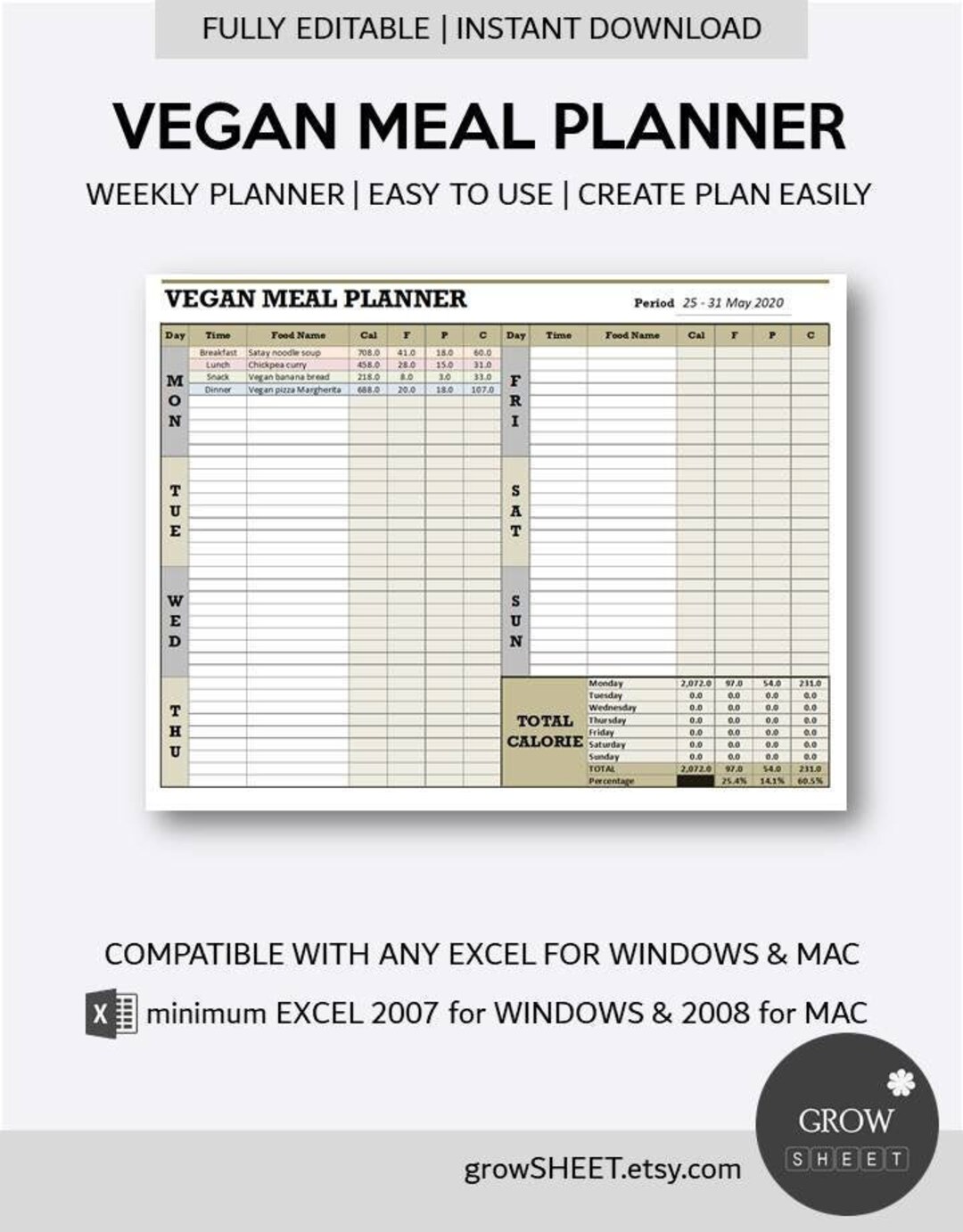 Vegan Meal Planner - Excel Template | Fully Editable Weekly Diet ...