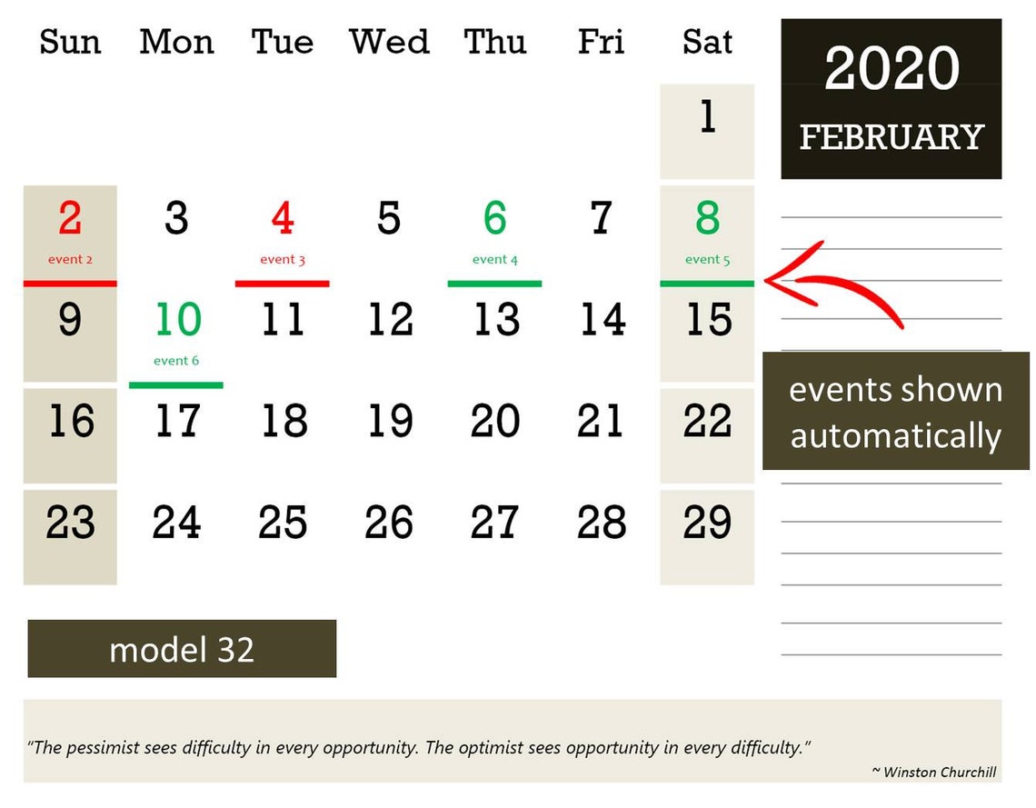 Any Year Event Calendar Excel Template Automated Color Markers for ...