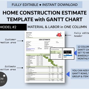 Puede incluir: Una plantilla de estimaci&oacute;n de construcci&oacute;n de viviendas imprimible con un diagrama de Gantt. La plantilla es totalmente editable e incluye una secci&oacute;n para la informaci&oacute;n del cliente, un &aacute;rea de transacci&oacute;n de estimaci&oacute;n y un diagrama de Gantt con 12 columnas que se pueden configurar semanalmente, quincenalmente o mensualmente. La plantilla tambi&eacute;n le permite agregar m&aacute;s filas de Gantt, grupos de tareas y filas de elementos.