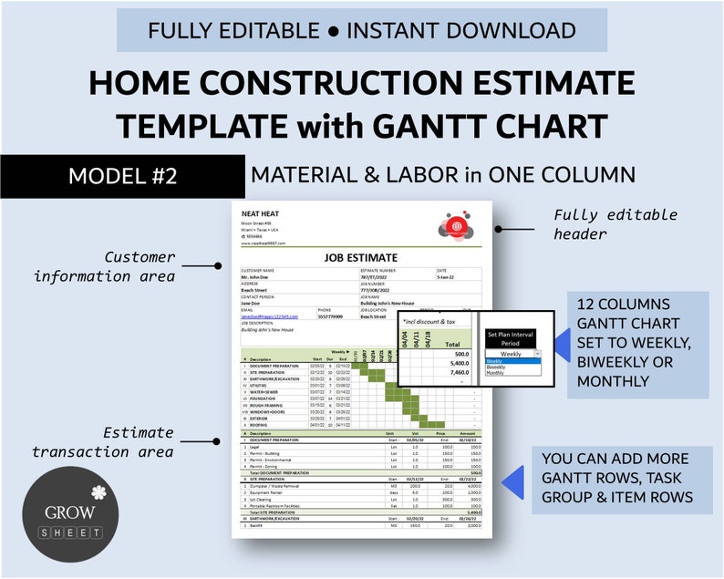 Puede incluir: Una plantilla de estimaci&oacute;n de construcci&oacute;n de viviendas imprimible con un diagrama de Gantt. La plantilla es totalmente editable e incluye una secci&oacute;n para la informaci&oacute;n del cliente, un &aacute;rea de transacci&oacute;n de estimaci&oacute;n y un diagrama de Gantt con 12 columnas que se pueden configurar semanalmente, quincenalmente o mensualmente. La plantilla tambi&eacute;n le permite agregar m&aacute;s filas de Gantt, grupos de tareas y filas de elementos.