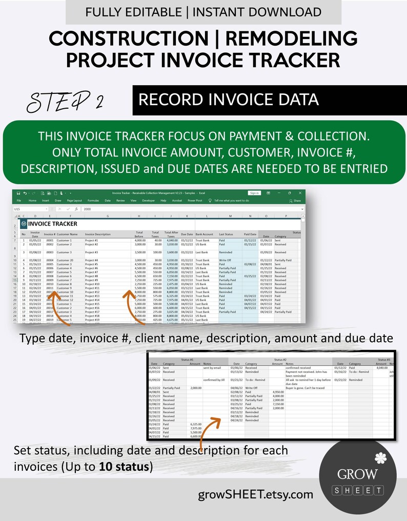 Construction Project Invoice Payment Tracker and Collection Management | Remodeling & Renovation Receivable Manager | Excel and Googlesheets image 4
